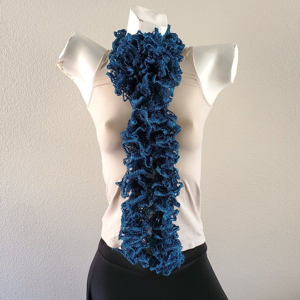 BOGO Scarf Sale - Hand Crafted long crochet blue ruffle scarf